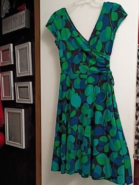 Green & Blue Floral Wrap Dress - Women's